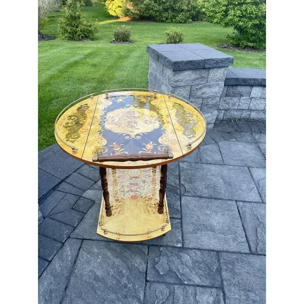 VTG Italian Marquetry Tea & Bar Cart Wood Serving Drop Leaf ~Great For Display